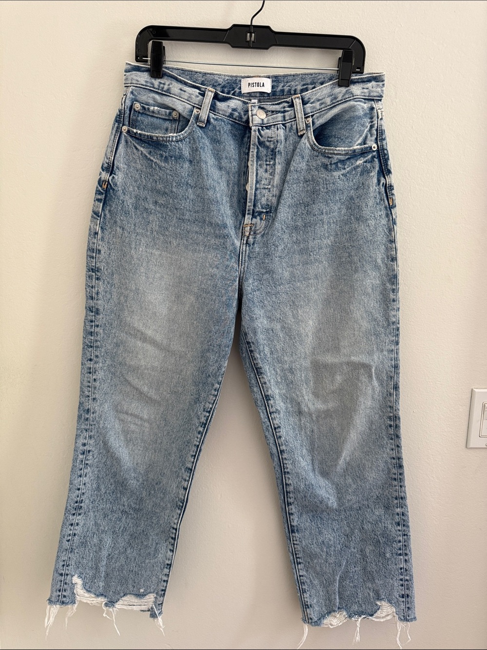 pistola light blue distressed cropped jeans